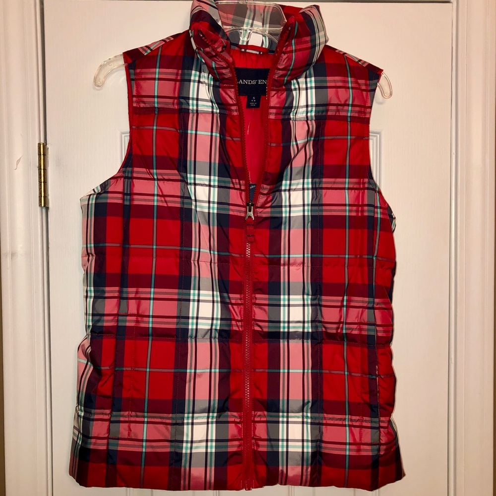 Lands End Red Plaid Vest Ladies Small